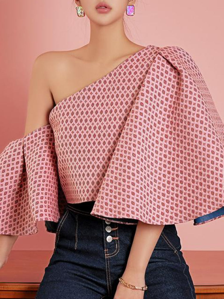 Angie Butterfly Sleeve One Shoulder Jacquard Tops