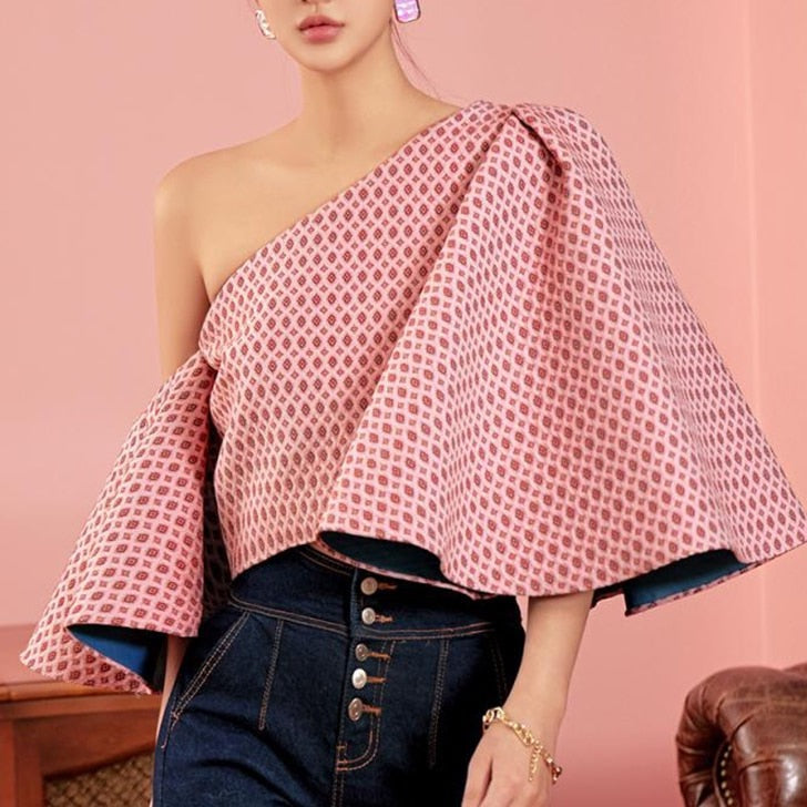 Angie Butterfly Sleeve One Shoulder Jacquard Tops