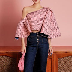 Angie Butterfly Sleeve One Shoulder Jacquard Tops