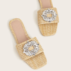Anna Crystal Embellished Straw Slippers