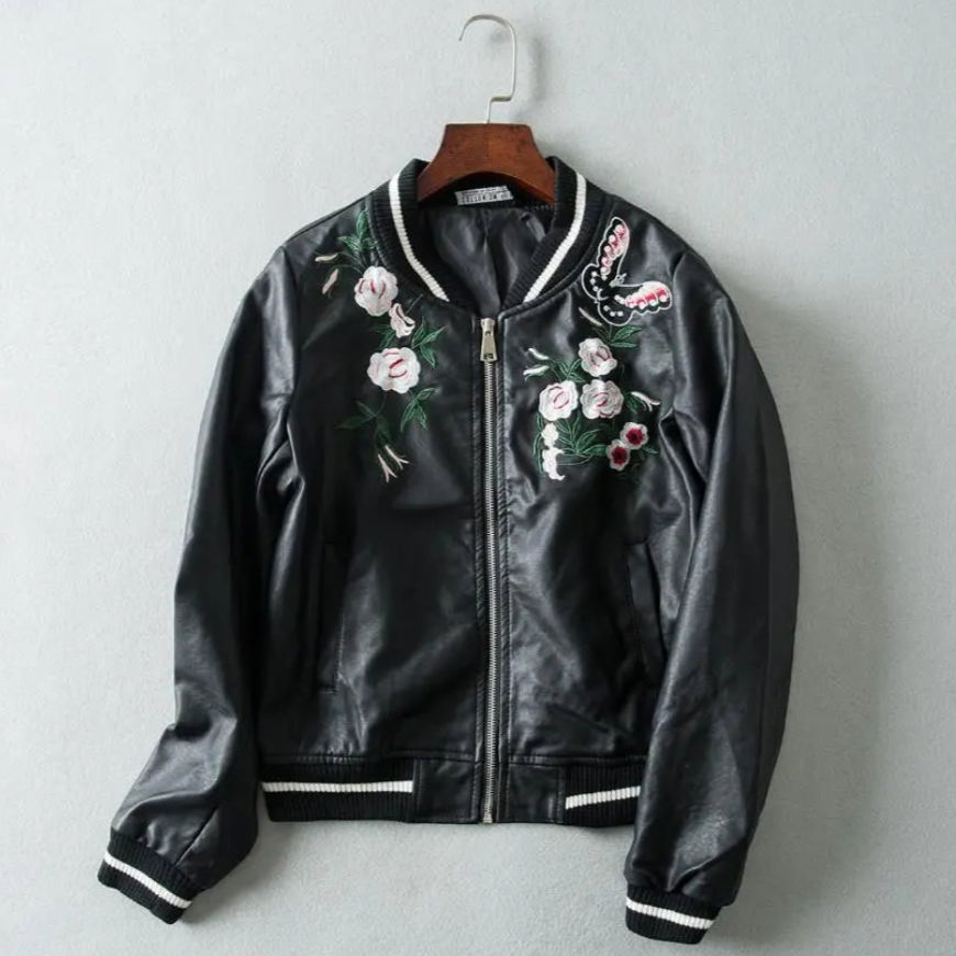 Anurak Flowers Embroidery Leather Bomber Jacket