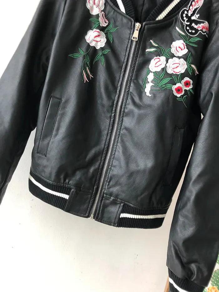 Anurak Flowers Embroidery Leather Bomber Jacket