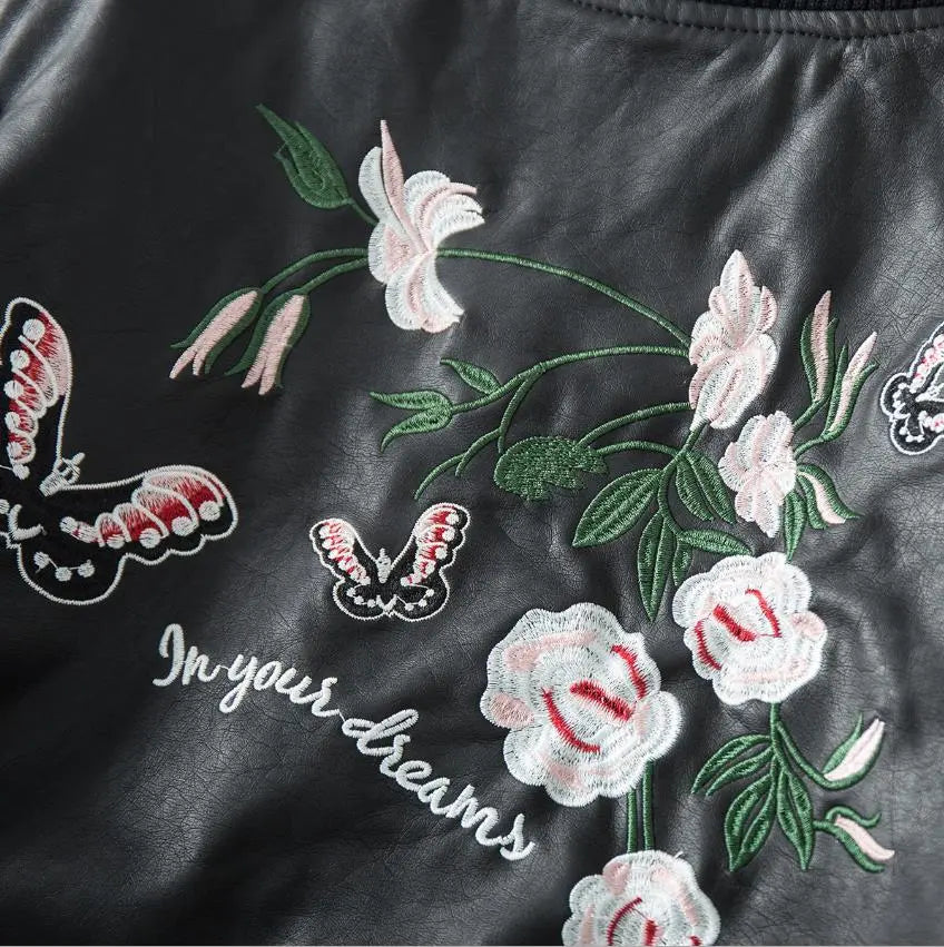 Anurak Flowers Embroidery Leather Bomber Jacket
