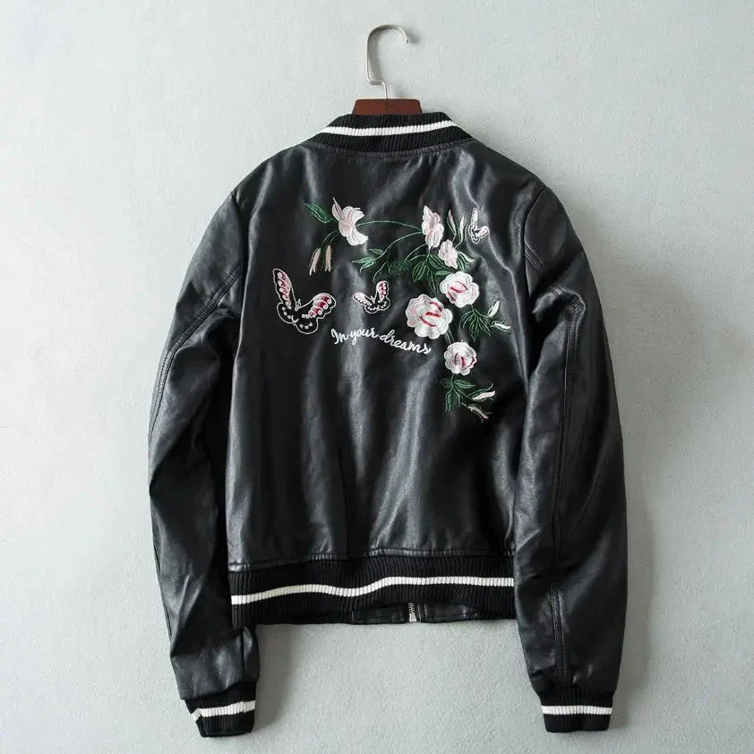 Anurak Flowers Embroidery Leather Bomber Jacket