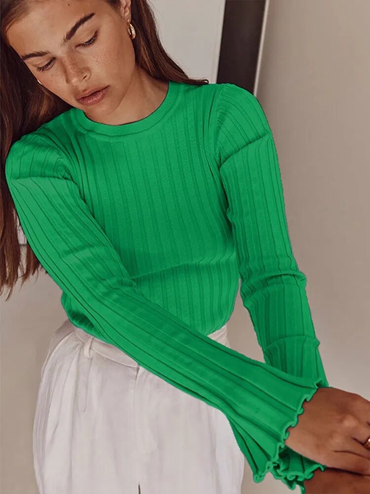 Basic Crew Neck Long Sleeve Ribbed Tops