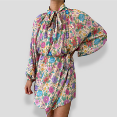 Boho Floral Prints Front Tie Mini Dress