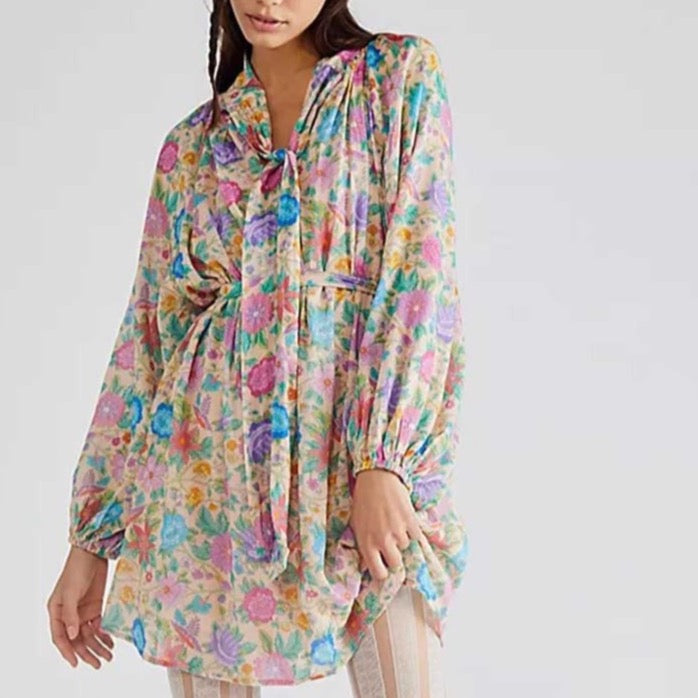 Boho Floral Prints Front Tie Mini Dress