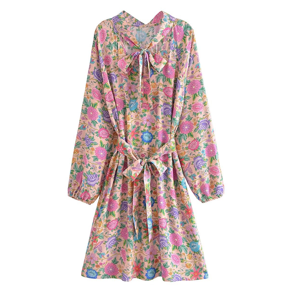 Boho Floral Prints Front Tie Mini Dress