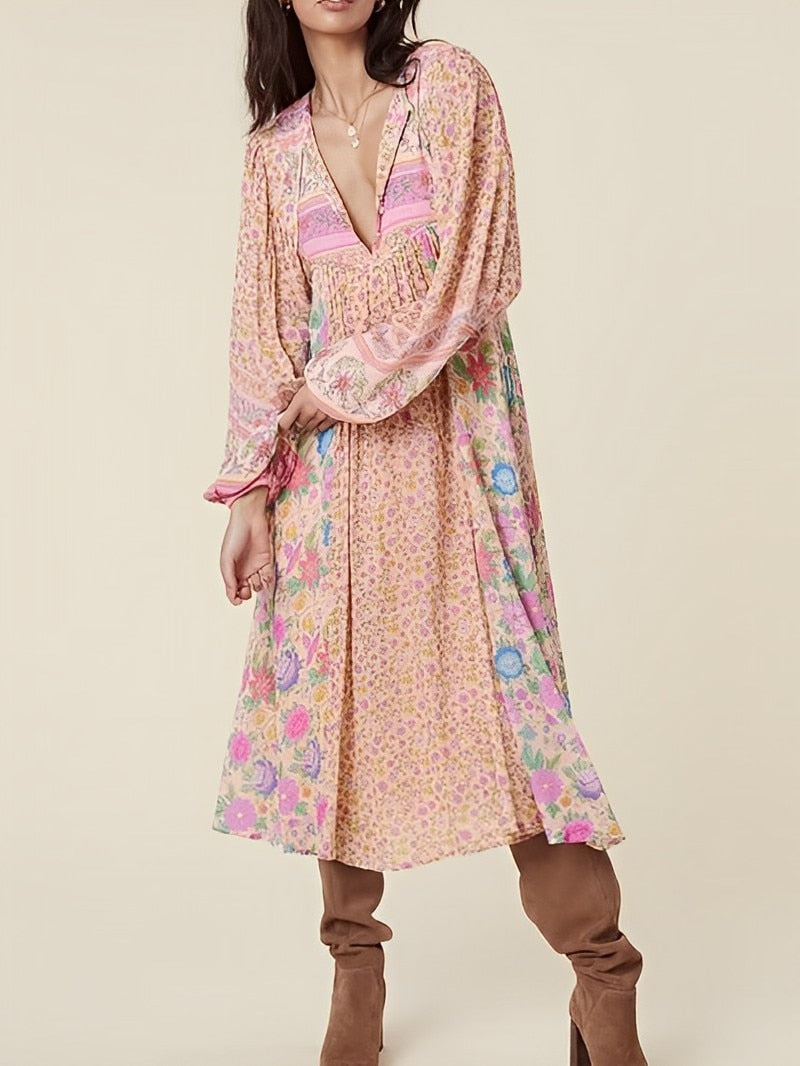 Dahlia Bohemian Empire Waist Floral Midi Dress