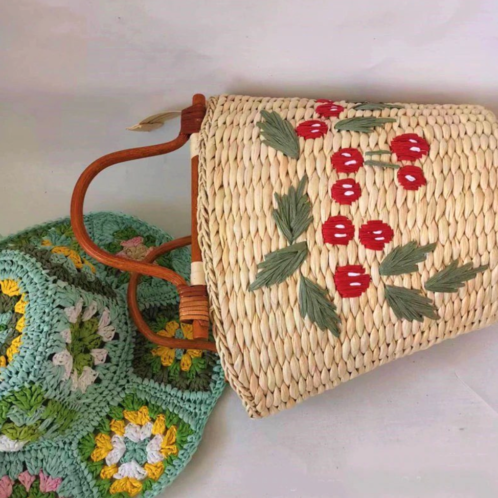 Eka Embroidery Straw Bucket Bags