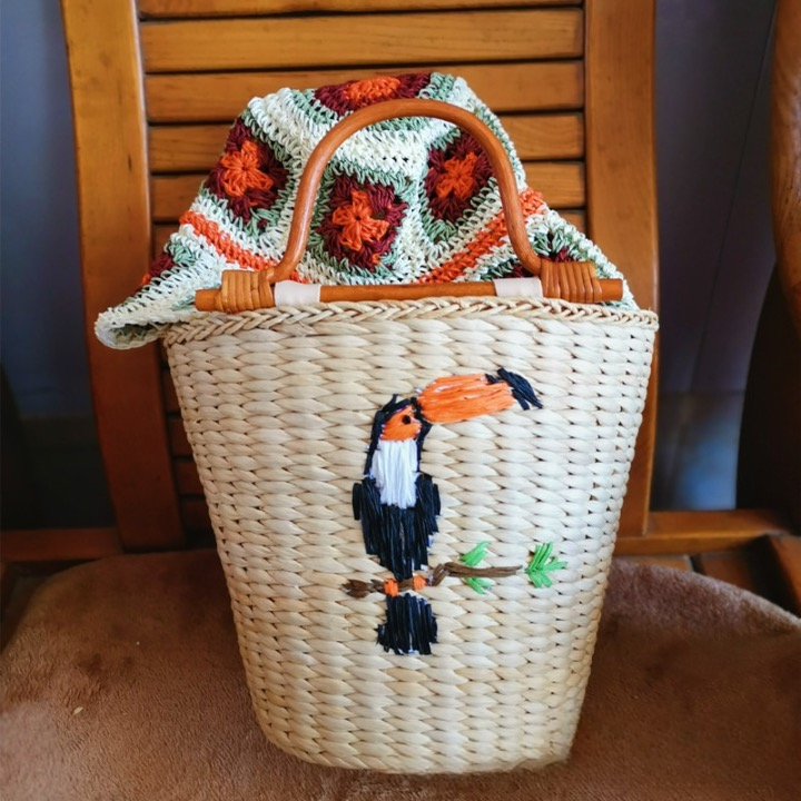 Eka Embroidery Straw Bucket Bags