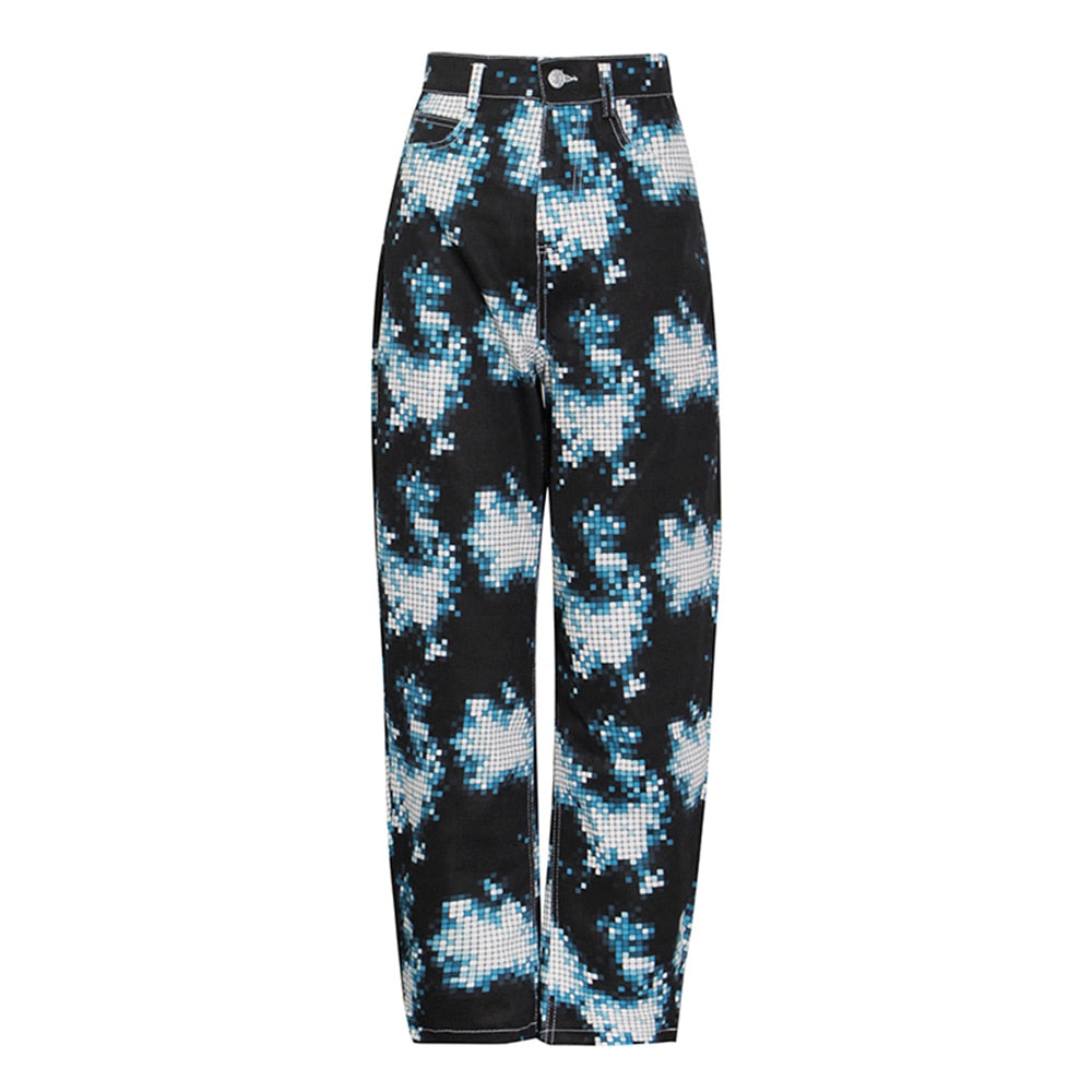 Electric Grid Print Wide Leg Jeans