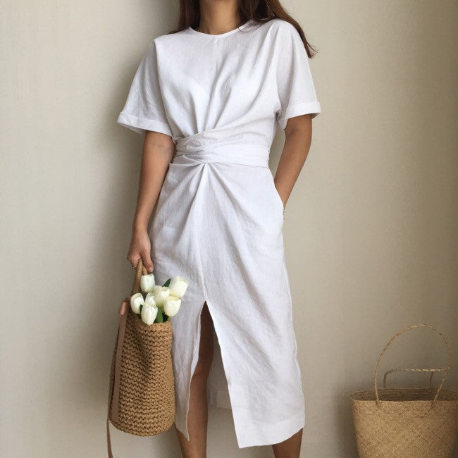 Elegant Twist Tie Waist and Front Slit Midi Dress