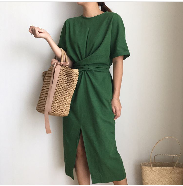 Elegant Twist Tie Waist and Front Slit Midi Dress