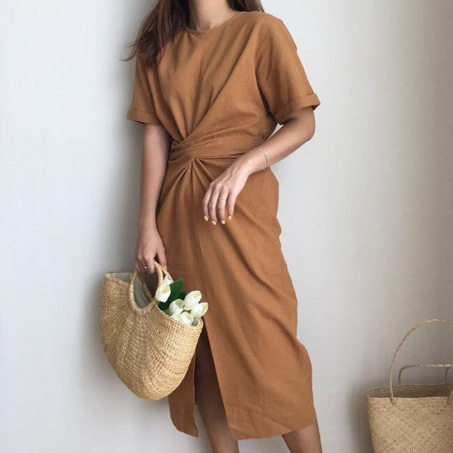 Elegant Twist Tie Waist and Front Slit Midi Dress