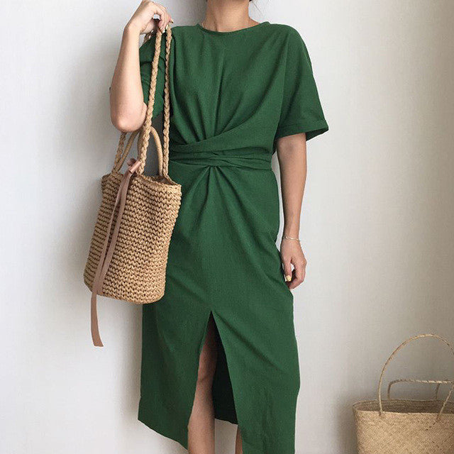 Elegant Twist Tie Waist and Front Slit Midi Dress