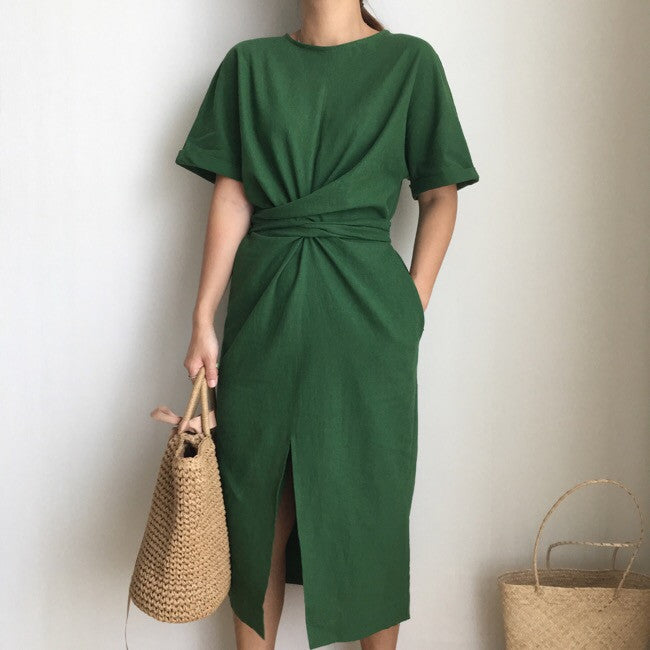 Elegant Twist Tie Waist and Front Slit Midi Dress