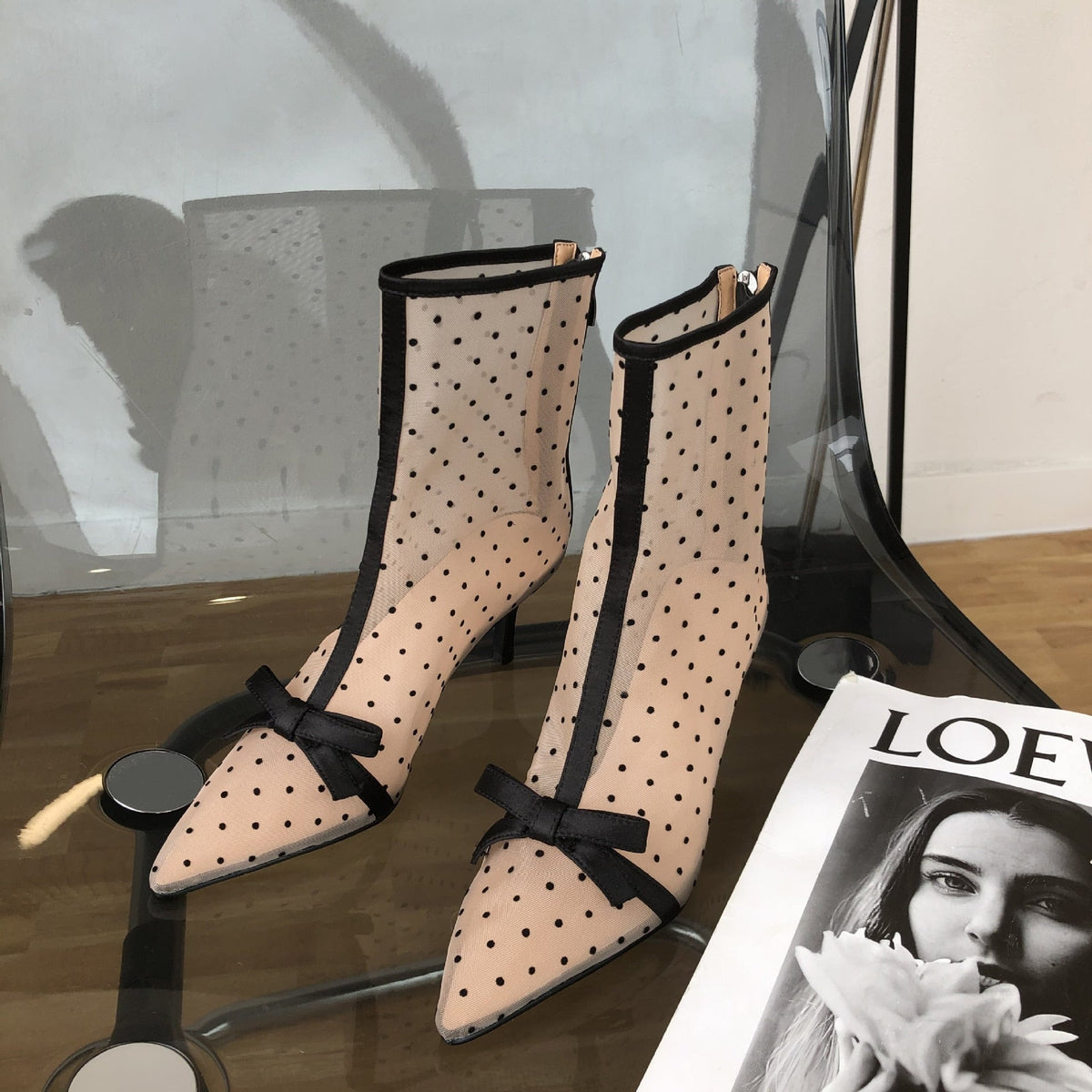 Emmanuelle Polka Dots & Ribbons Mesh Ankle Boots
