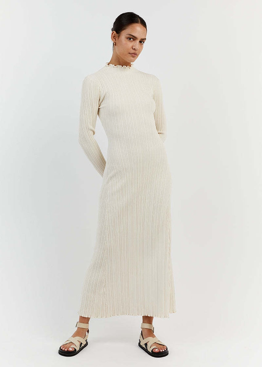 Evva Frill Neck Ribbed Knit Maxi Dress