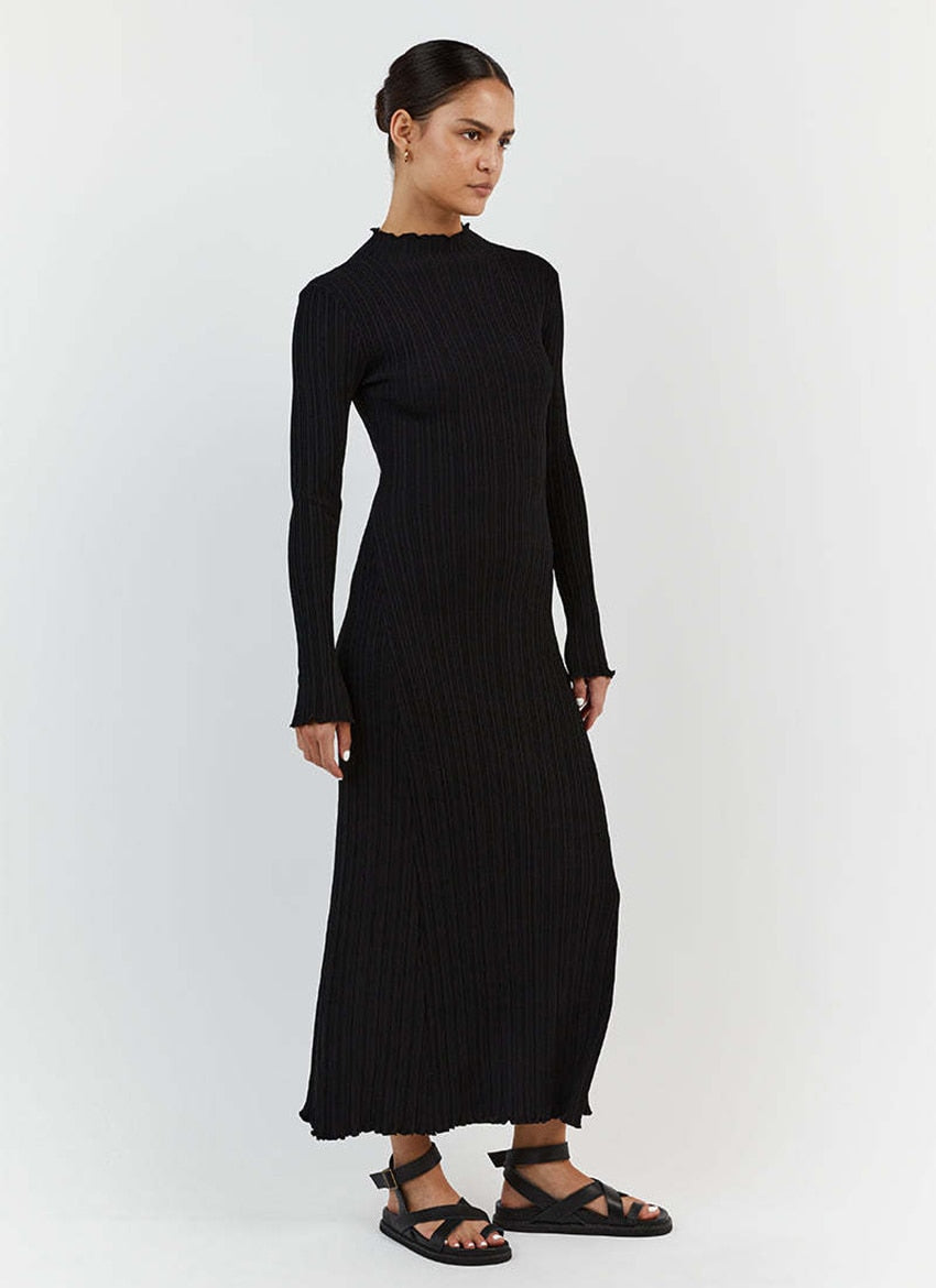 Evva Frill Neck Ribbed Knit Maxi Dress