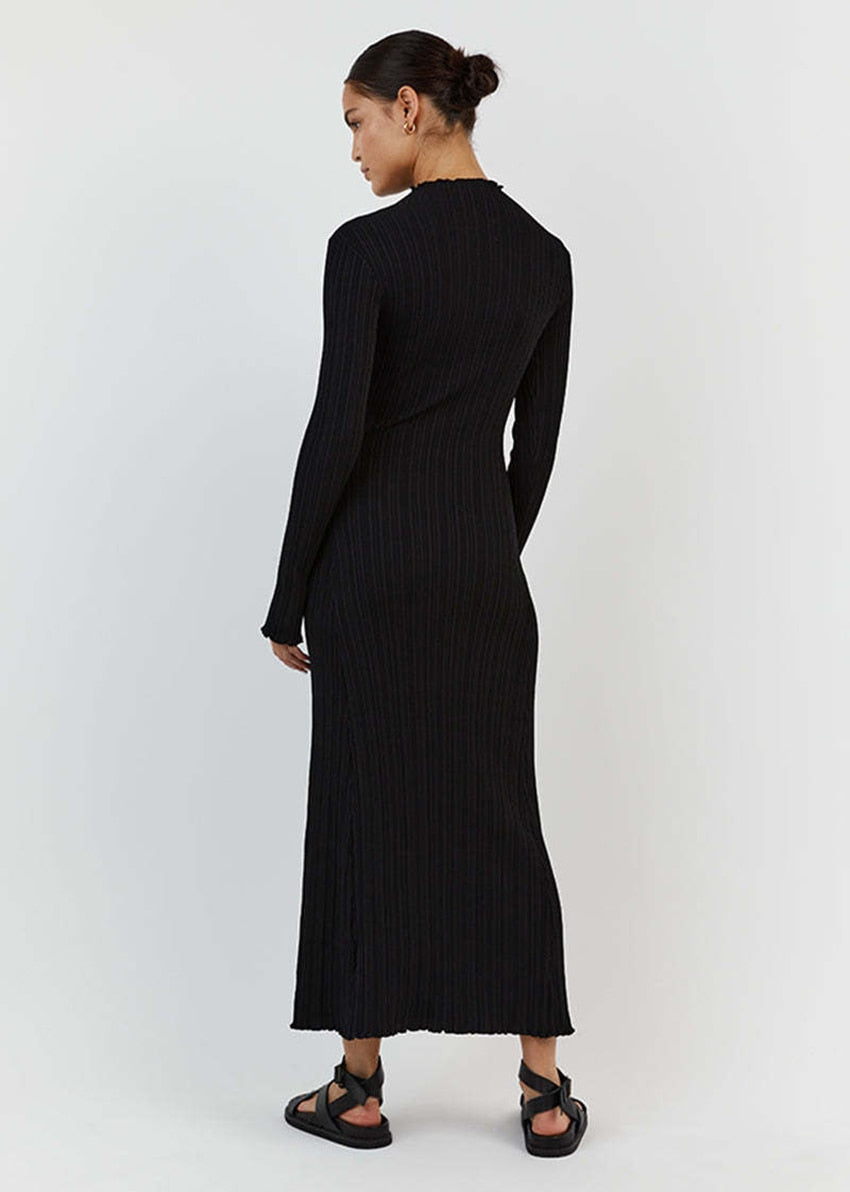 Evva Frill Neck Ribbed Knit Maxi Dress