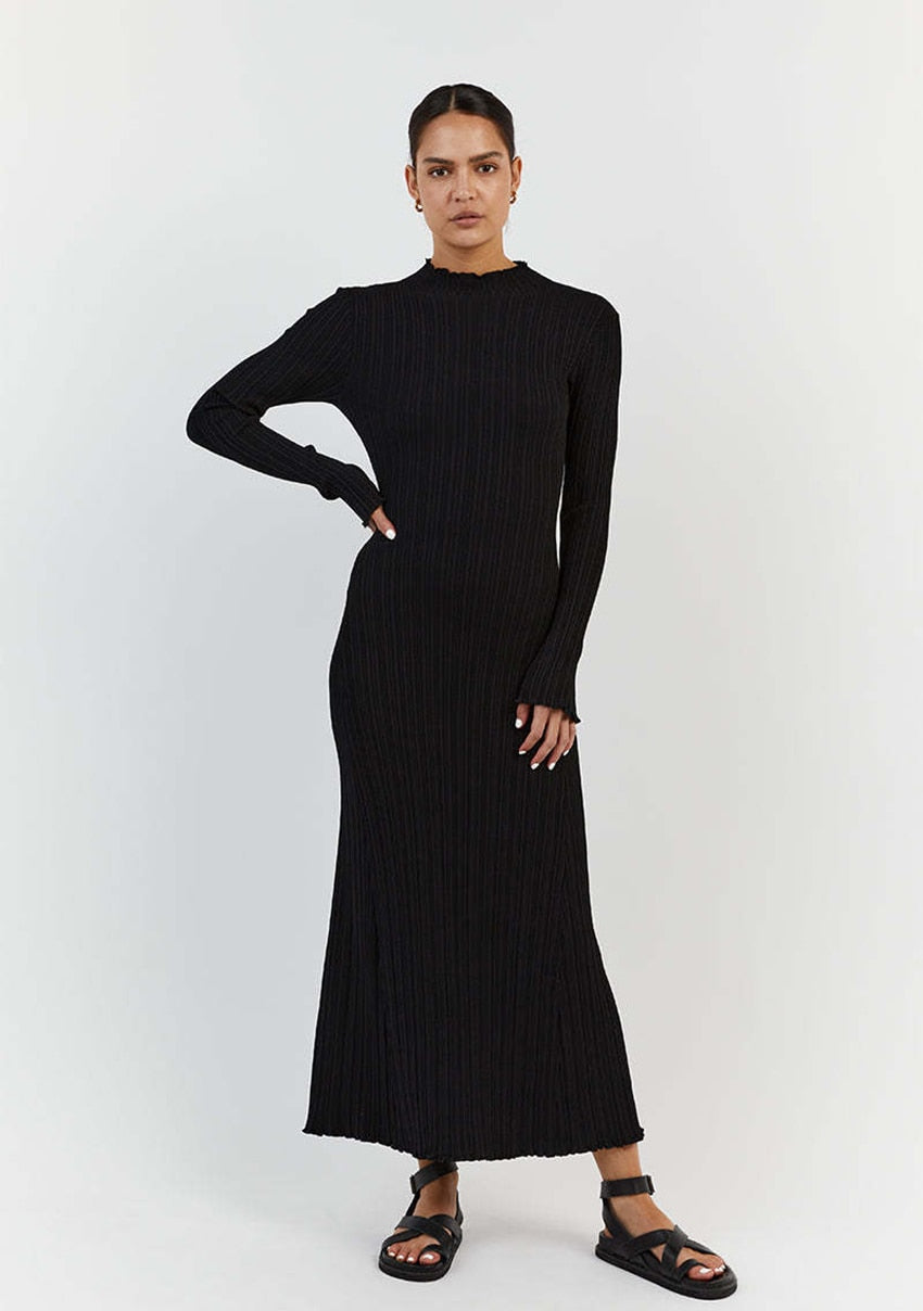 Evva Frill Neck Ribbed Knit Maxi Dress