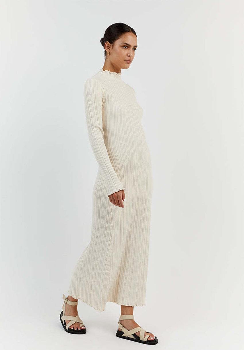 Evva Frill Neck Ribbed Knit Maxi Dress