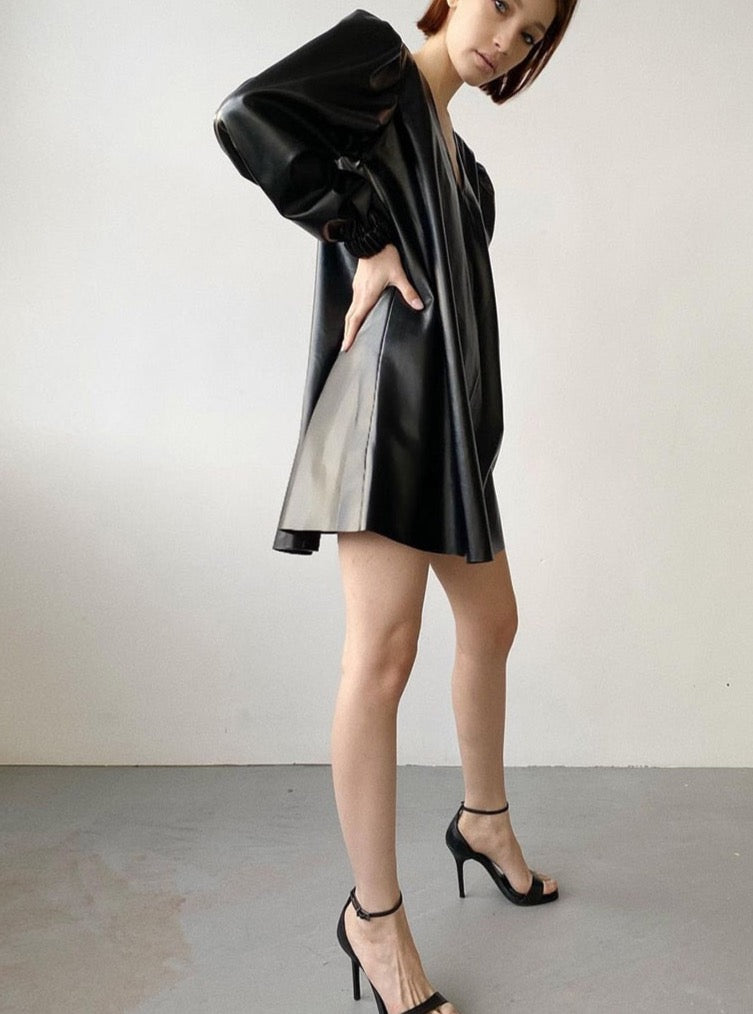 Faux Leather Puff Sleeve Mini Dress