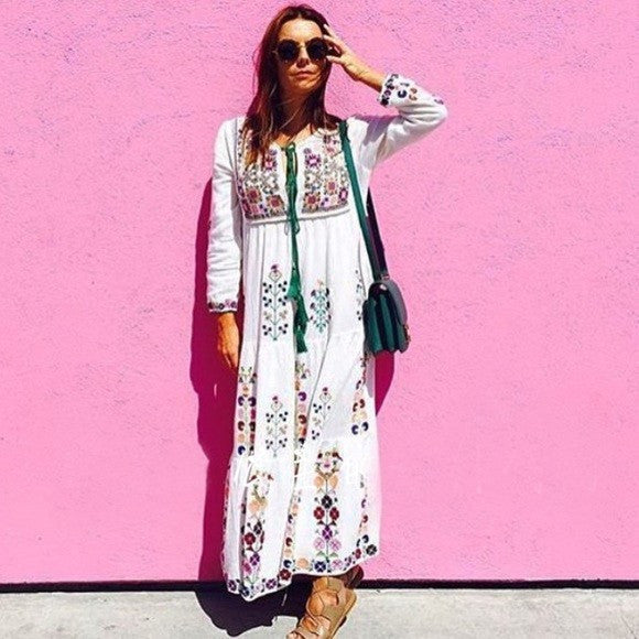 Floral Embroidered Maxi Folk Dress