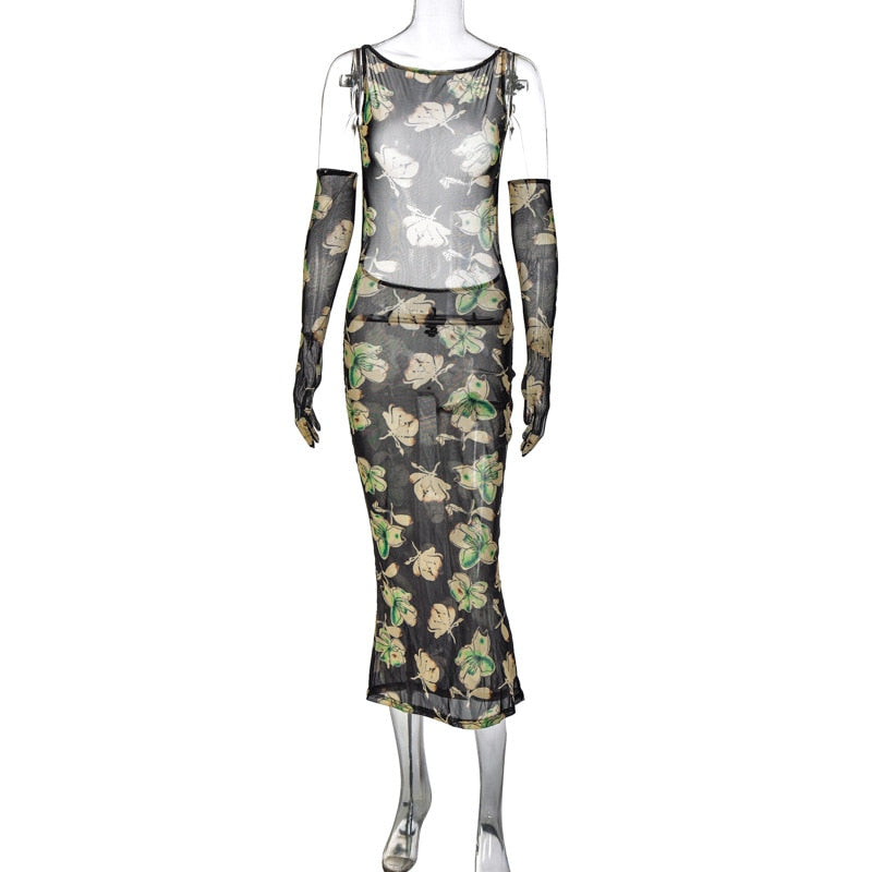 Francesca Dark Floral Backless Dress with Gloves