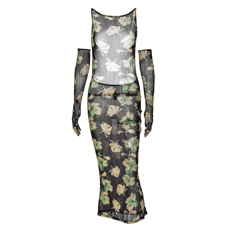 Francesca Dark Floral Backless Dress with Gloves