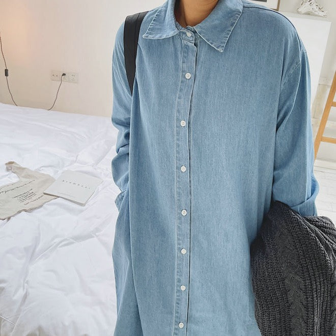 Gemi Light Wash Denim Midi Shirt Dress