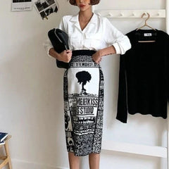 Elora Newspaper Graphic Prints Knit Pencil Skirts