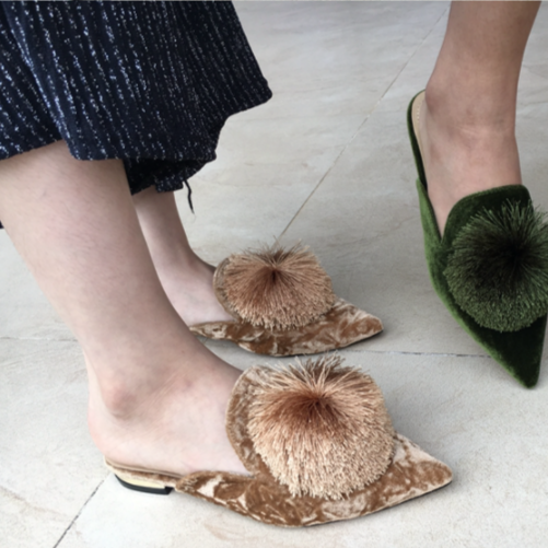 Harper Pom Pom Velvet Mules