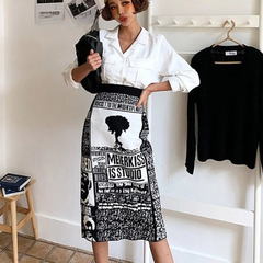 Elora Newspaper Graphic Prints Knit Pencil Skirts