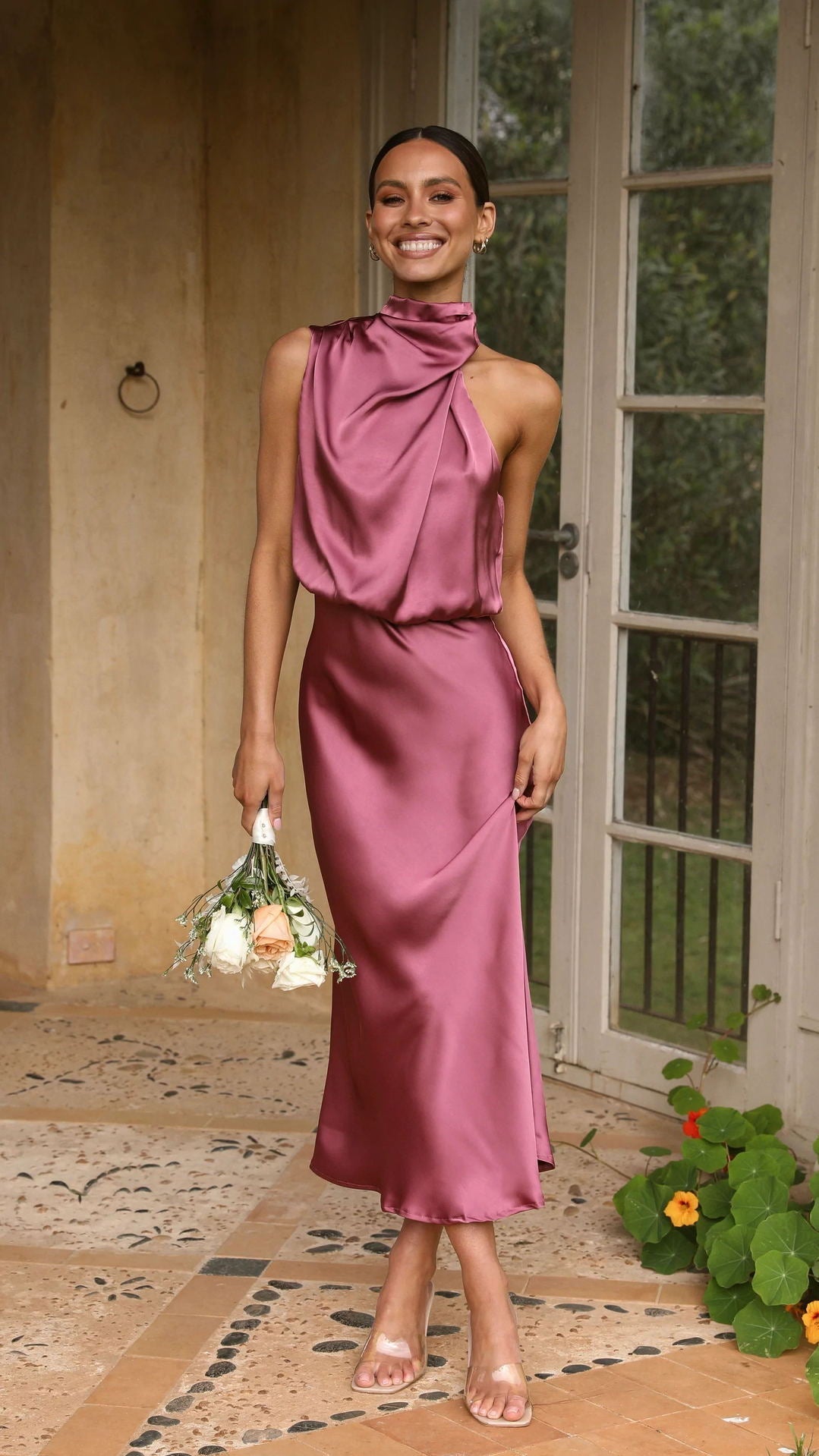 Katie Satin One Shoulder Halter Dress