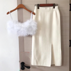 Lina Faux Fur Bra Top and Knit Skirt 2-Piece Set