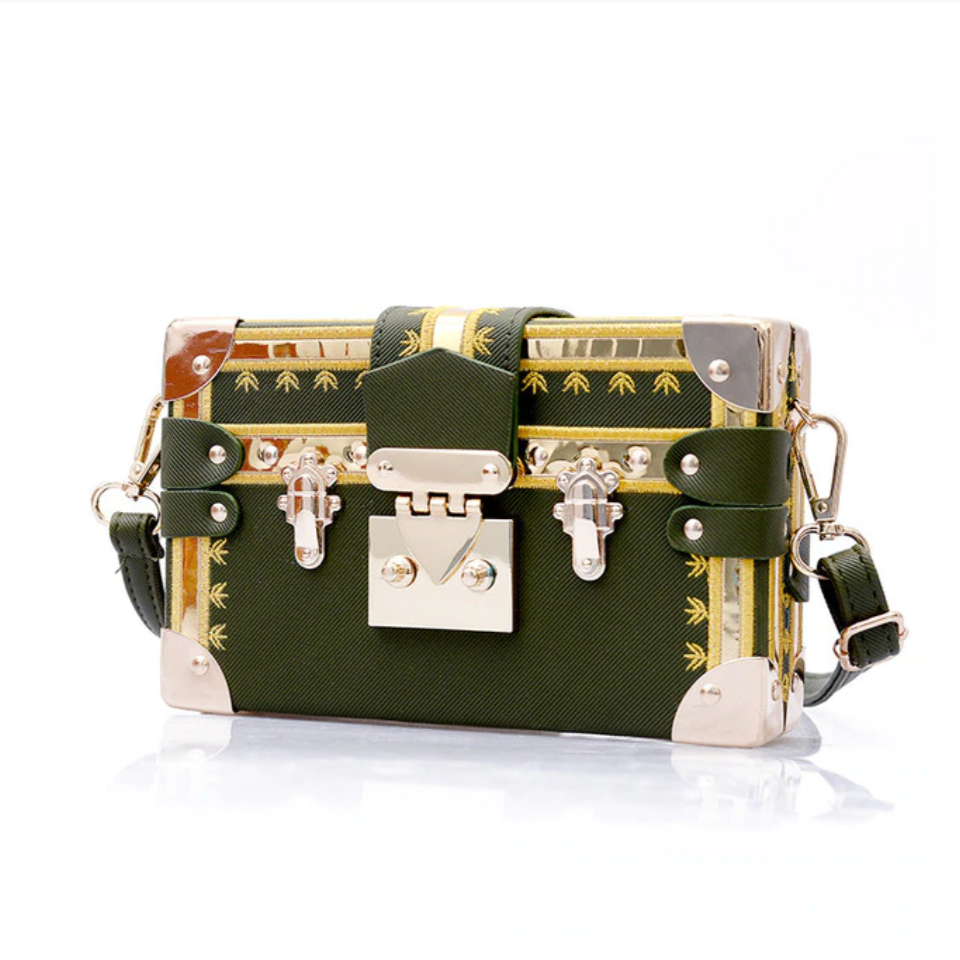 Lock & Embellished Box Clutch Shoulder Bag
