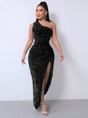 One Shoulder Sleeveless Split Gown - Black