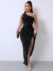 One Shoulder Sleeveless Split Gown - Black