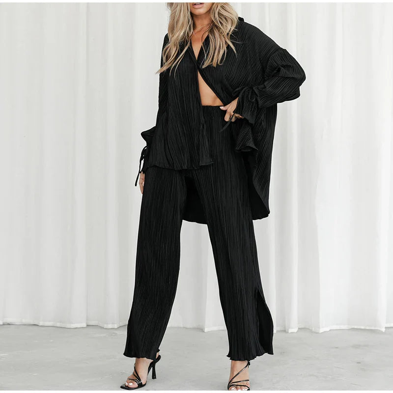 Chiara Solid Color Pleated Pajama Style Sets