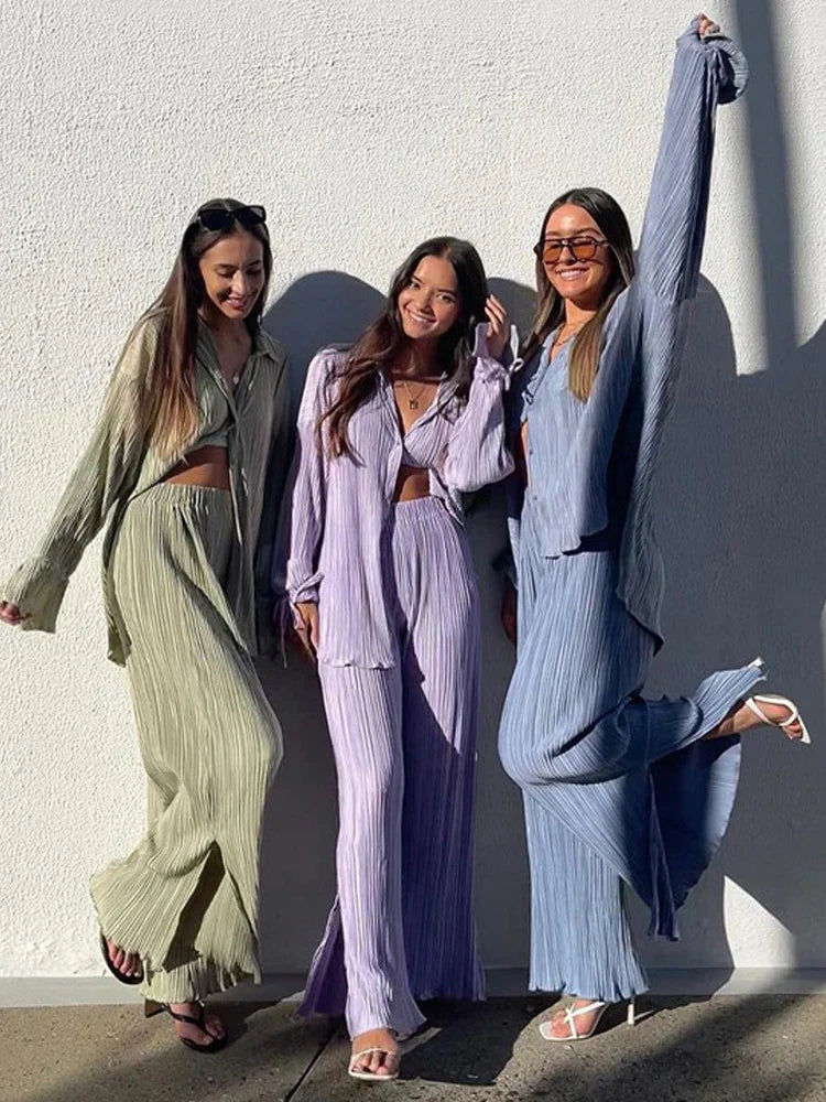 Chiara Solid Color Pleated Pajama Style Sets