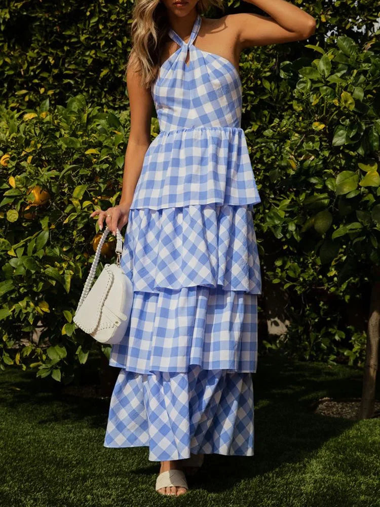 Cordelia Tiered Gingham Halter Maxi Dress