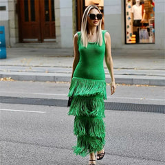 Chaya Tiered Long Fringe Maxi Knit Dress