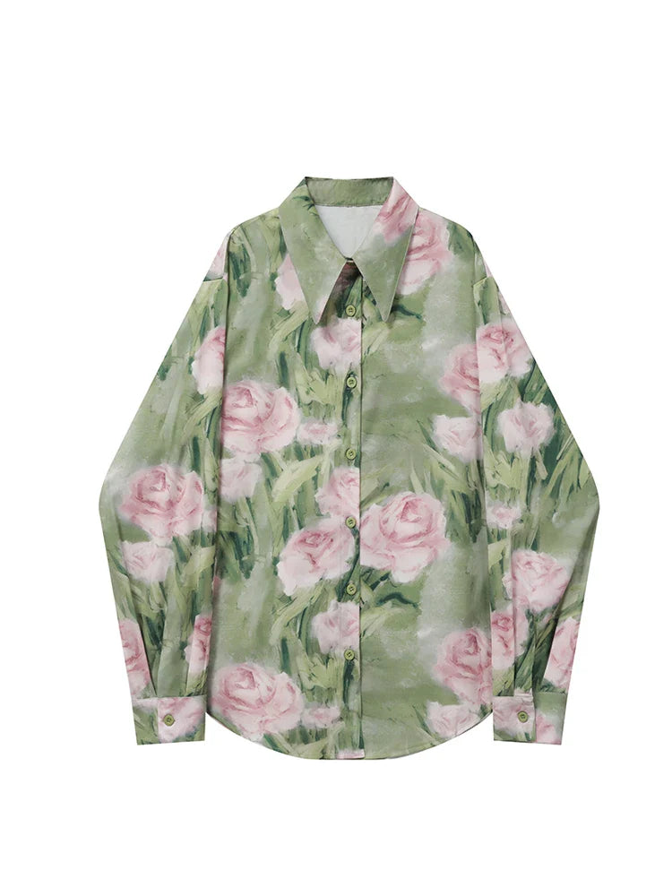 Vintage Green Flower Print Shirts Blouses