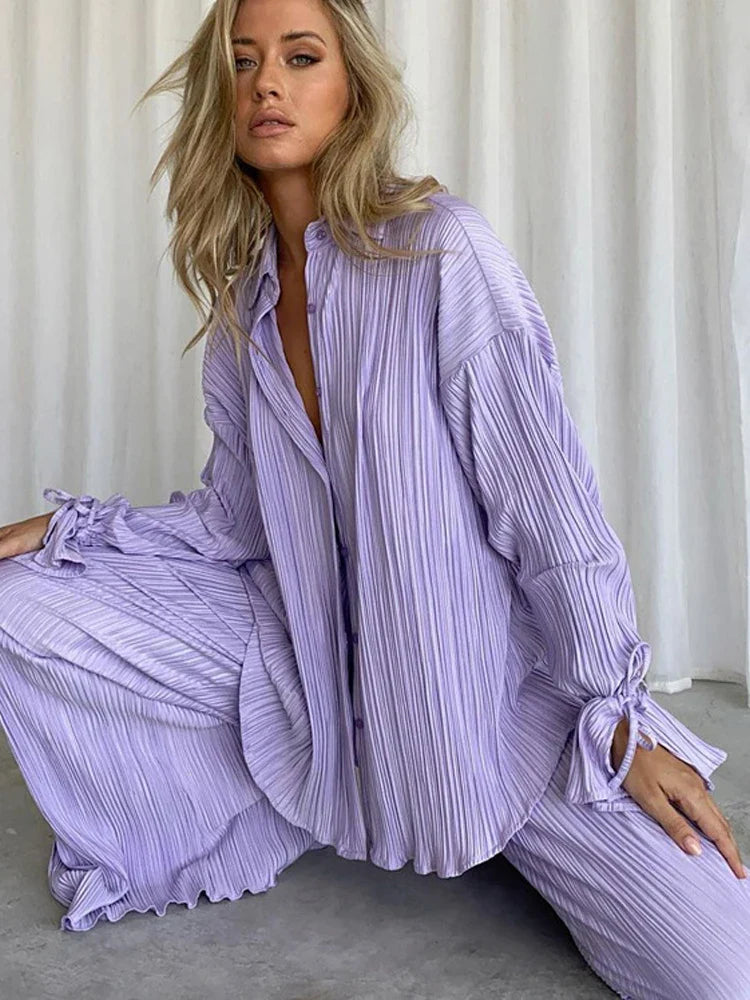 Chiara Solid Color Pleated Pajama Style Sets