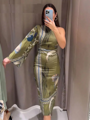 Veronica Printed Green One Shoulder Dress