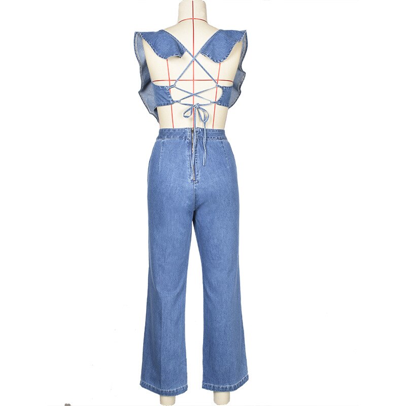 Shila Ruffle Sleeve Backless Denim Jumpsuit