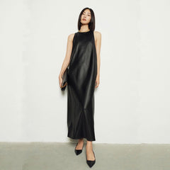 Tomei Back Ribbon Tie Leather Dress