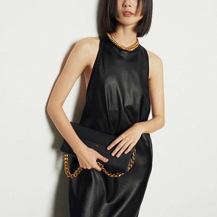 Tomei Back Ribbon Tie Leather Dress